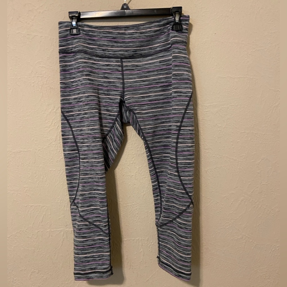 Zella yoga capris, grey and purple stripe, medium